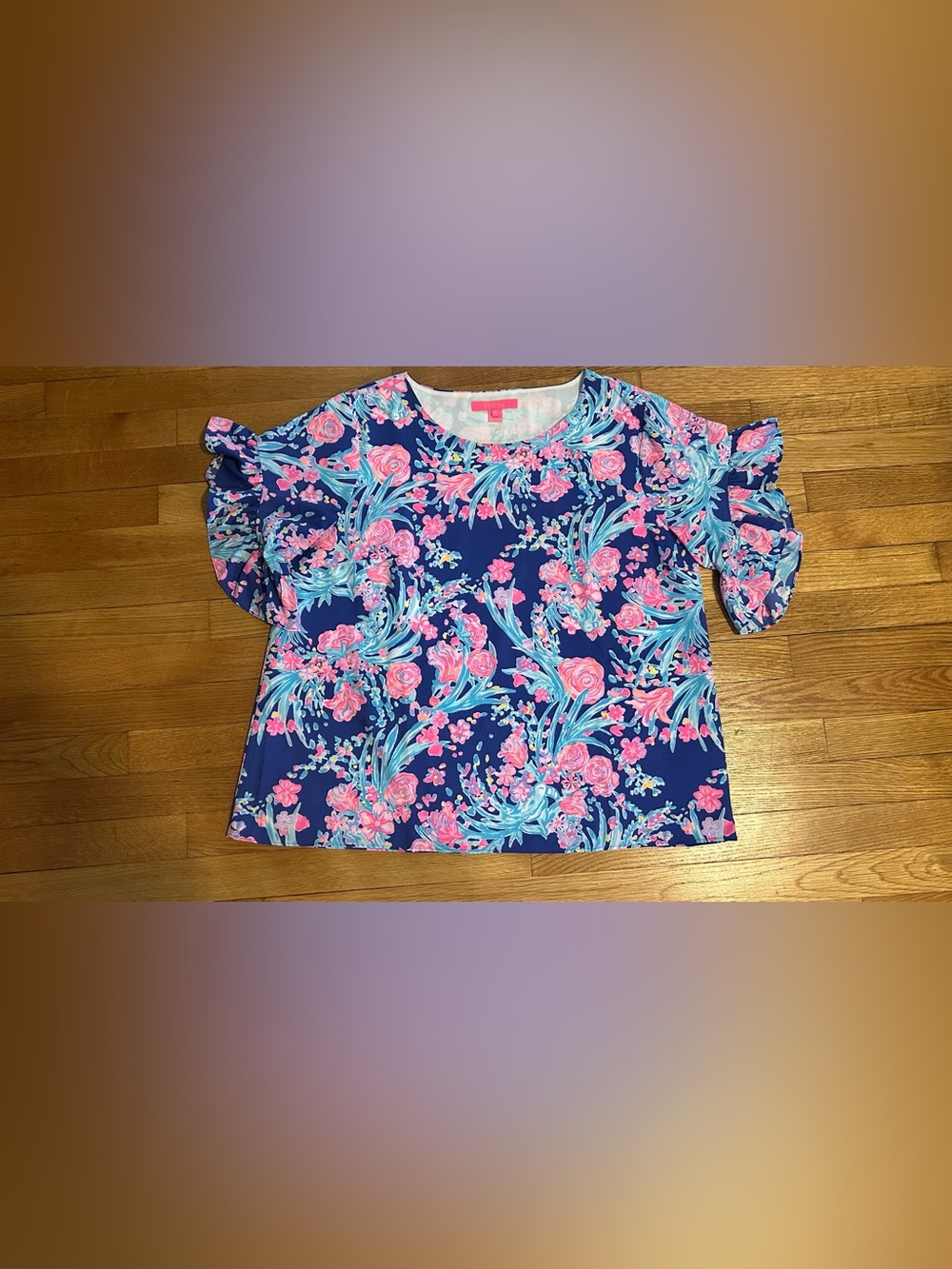 Lilly Pulitzer Blouse Ruffle Sleeve Darlah Top Sz XL Blue and Pink Floral Print - Picture 3 of 9